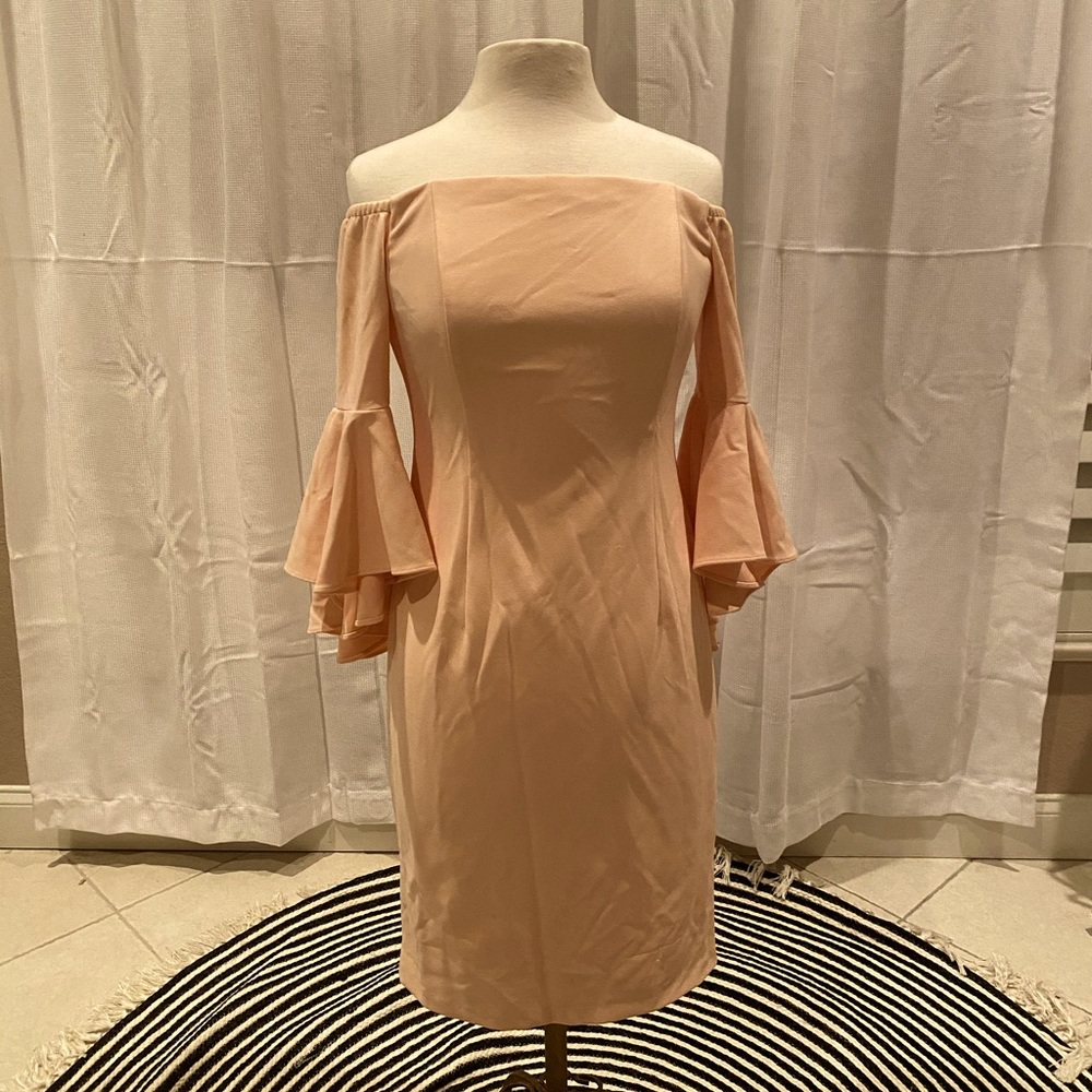 Peach colored off shoulder Calvin Klein dress